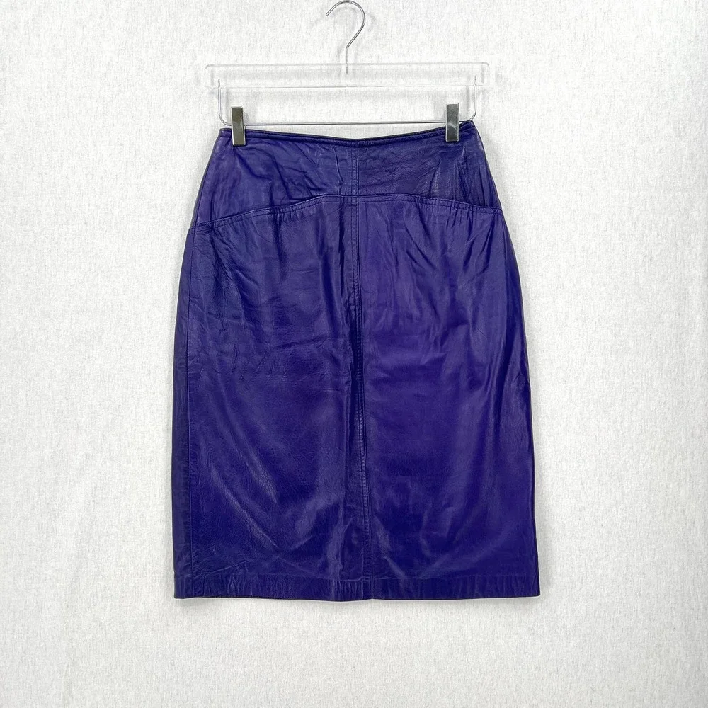 BAGATELLE Vintage 80’s Leather Pencil Skirt Womens 10 Purple Knee Length Pockets